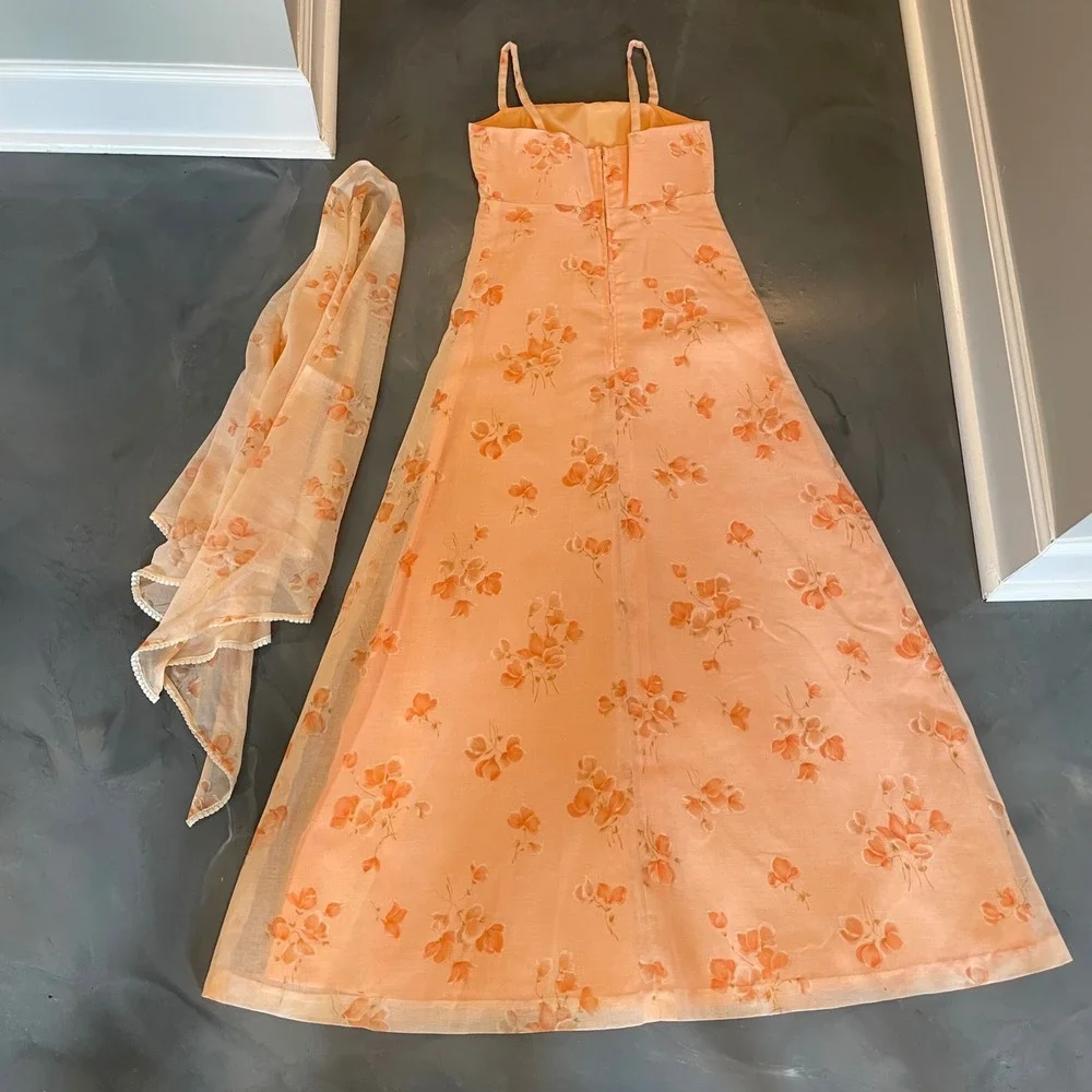 Vintage Peach Floral Cottagecore Maxi Dress S Matching Shawl Orange Gown Fairy